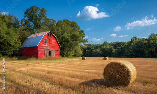 Red barn and hay bales in field on farm