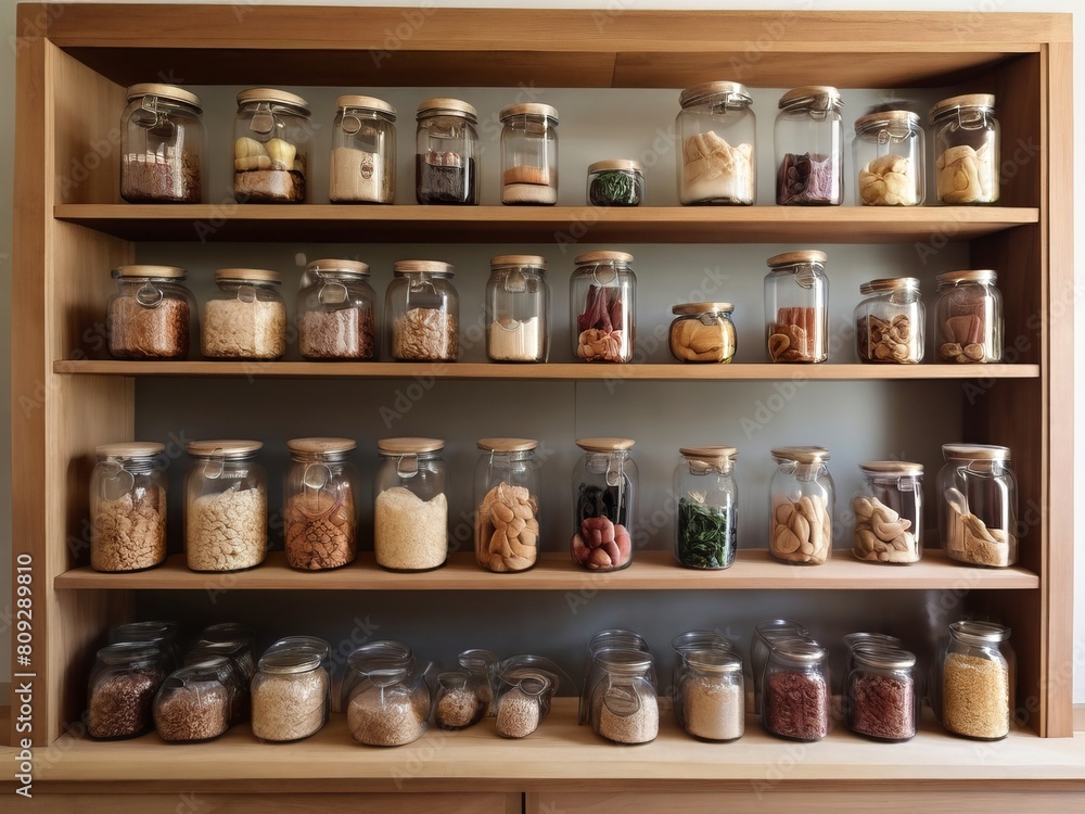 Step into a pantry adorned with glass jars resting on charming rustic wooden shelves, blending efficiency and sustainability with a touch of countryside flair.