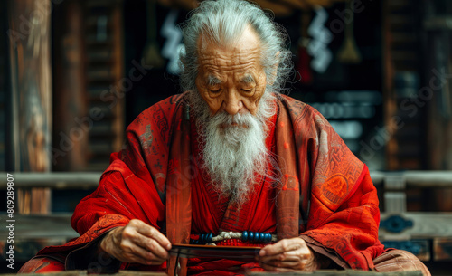 Old man playing the traditional chinese board game photo
