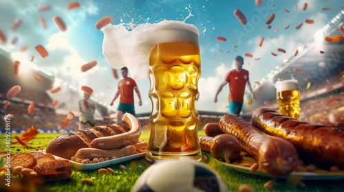 German flag with beer, sausages, football players - cultural and sporty illustration