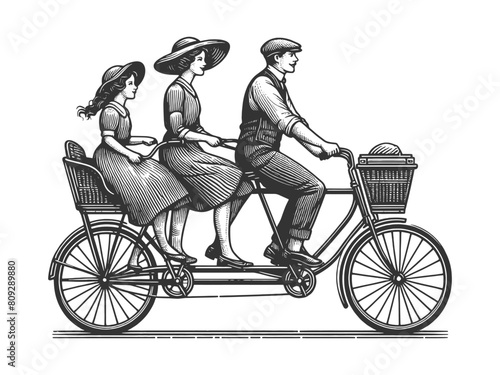 Family ride tandem bicycle sketch engraving generative ai fictional character vector illustration. Scratch board imitation. Black and white image.