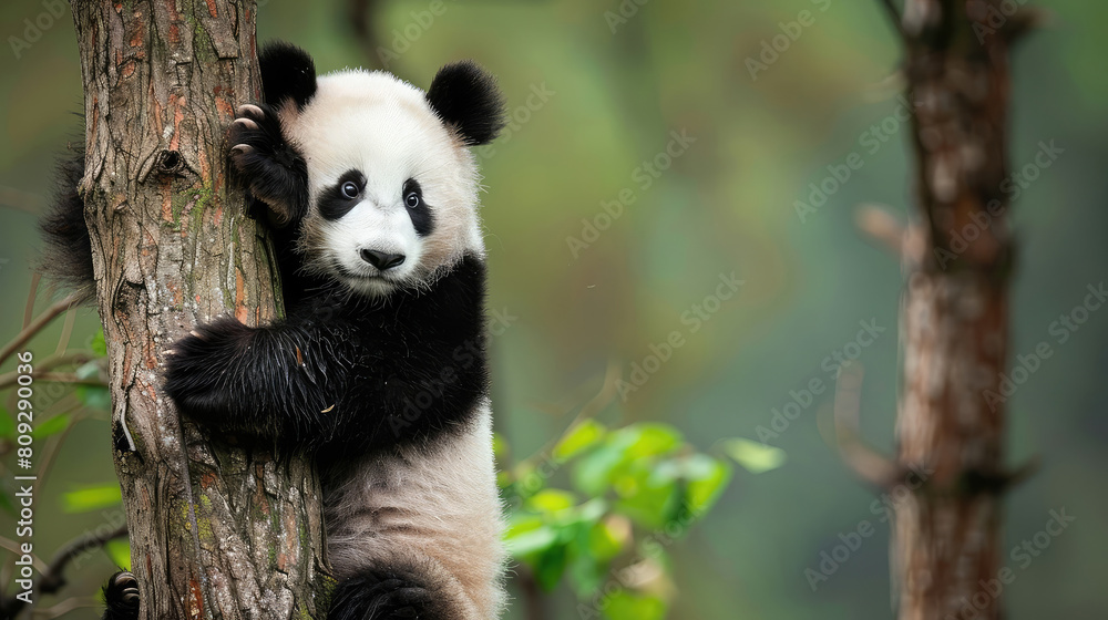 Fototapeta premium Adorable portrait of a panda climbing a tree with a focused gaze.