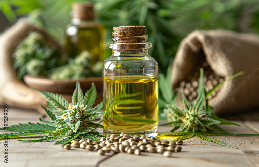 Bottle of hemp oil with hemp leaves seeds and scoop of flour on wooden table Bottle of hemp oil with hemp leaves seeds and scoop of flour on wooden table