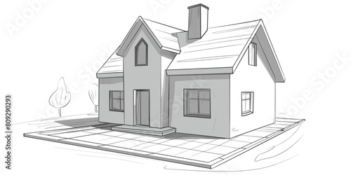 Architectural Drawing Background, Monochrome Sketch of a Simple House with Chimney and Windows.