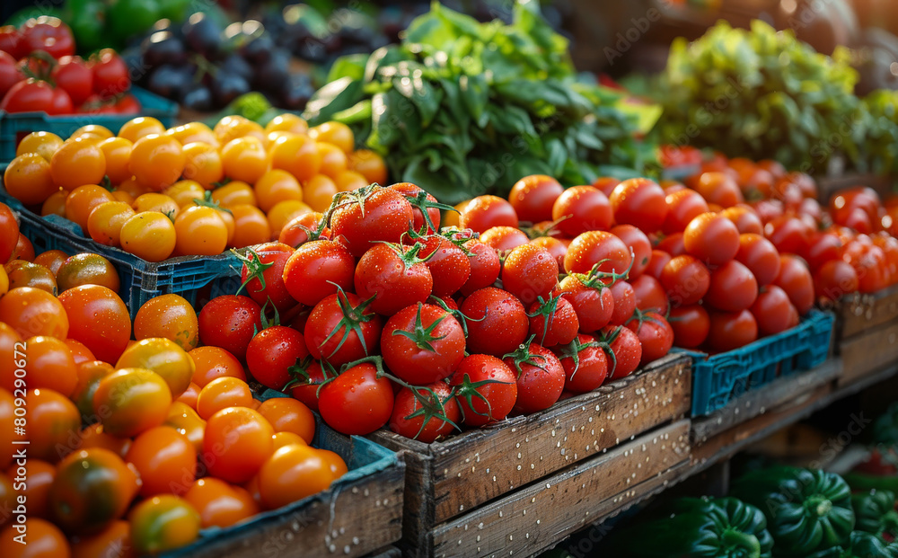 Fresh tomatoes in boxes at the market Fresh tomatoes in boxes at the market