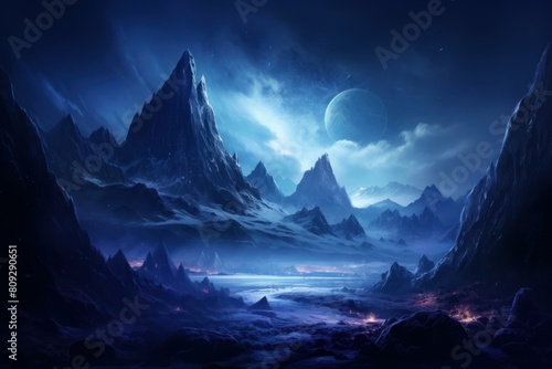 Otherworldly and ethereal fantasy landscape of a mystical moonlit mountainscape on an alien planet, with icy glowing river and majestic mountain peaks, creating a tranquil and serene atmosphere