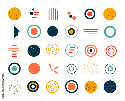 Fun colorful line doodle shape circle set. Creative minimalist style art symbol collection for children or party celebration with basic shapes. Simple upbeat childish drawing scribble decoration.