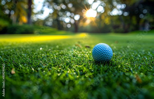 The best day for golfing. Golf ball is on the tee for golf ball on the green grass of the golf course