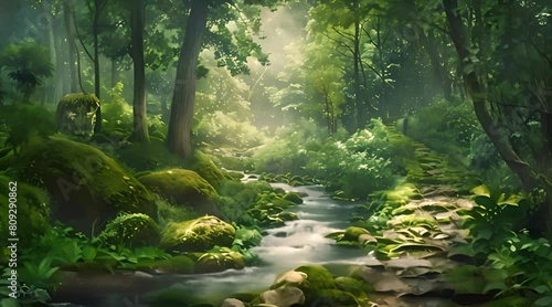 Tranquil Journey Serene River Meandering Through Lush Forest Filled with Jagged Rocks and Mossy Pathways	
 photo