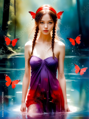 Painting of woman in purple dress with red butterflies around her.