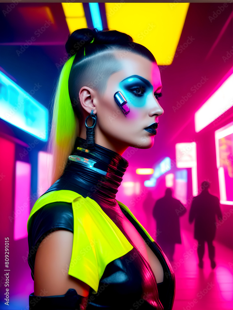 Woman with neon hair and makeup in neon room with neon lights. Woman with neon hair and makeup in neon room with neon lights.