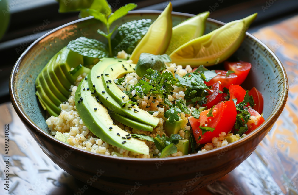 Bowl of avocado quinoa tomato lime and mint. Healthy breakfast. Bowl of avocado quinoa tomato lime and mint. Healthy breakfast.
