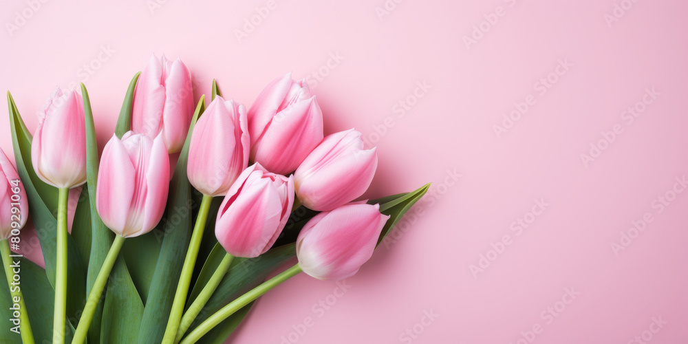 Pink Tulips With Green Leaves On Pink Background With Copy Space. Spring Bouquet. Floral Decor. Generative A Pink Tulips With Green Leaves On Pink Background With Copy Space. Spring Bouquet. Floral Decor. Generative A