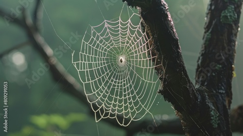 beautiful spider web network on a tree at sunrise in high resolution