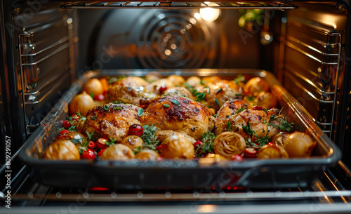 Roasted chicken and potatoes in the oven