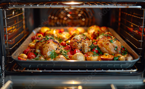 Chicken thighs and vegetables in the oven