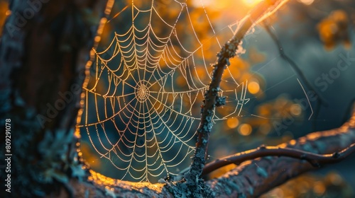 beautiful spider web network on a tree at sunrise in high resolution and high quality. animal concept, spider web, spider, forest, trees