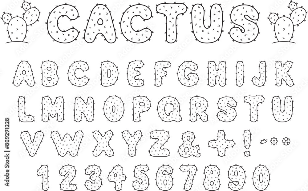 Desert Cactus Alphabet Letter and Number Outline Clipart Set with Addon Flower Option