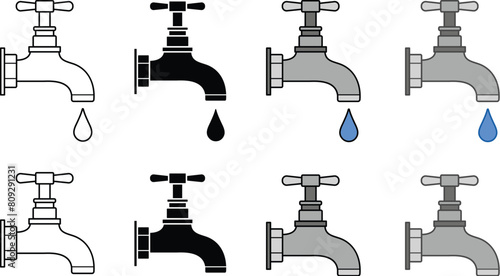 Faucet Tap Dripping Water Clipart Set - Outline, Silhouette and Color