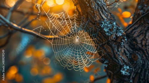beautiful spider web network on a tree at sunrise in high resolution and high quality. animal concept, spider web, spider, forest, trees, photography