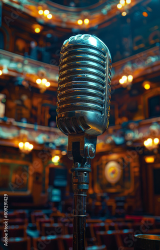 Vintage microphone on stage in the spotlight performance of the musical show.