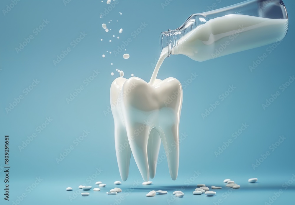 Glass bottle pours milk into healthy tooth on blue background, promoting oral health, cavity prevention, and calcium-rich drinks for strong teeth Glass bottle pours milk into healthy tooth on blue background, promoting oral health, cavity prevention, and calcium-rich drinks for strong teeth