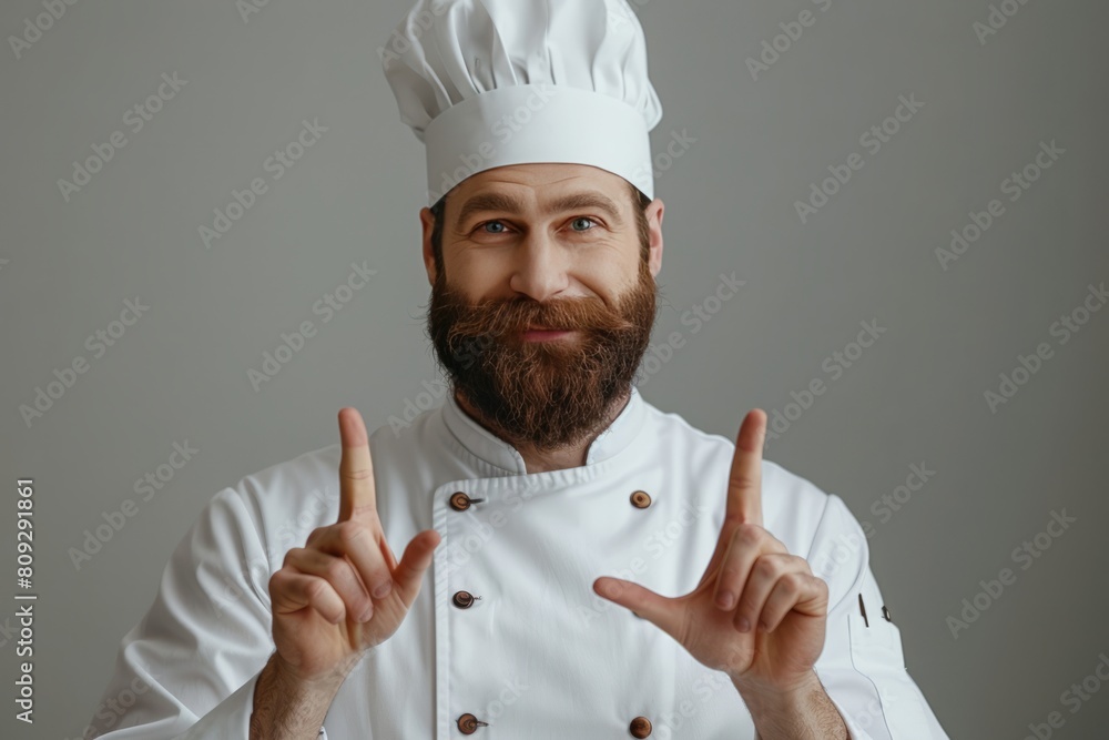 Confident Gourmet Chef in White Uniform Making Frame Gesture, Studio Portrait Confident Gourmet Chef in White Uniform Making Frame Gesture, Studio Portrait
