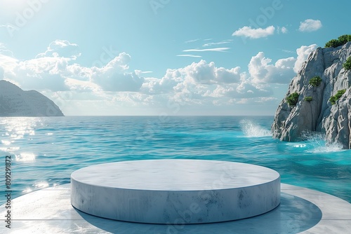 3d products display podium scene. Greek coast in the background with blue sea and white rocks photo