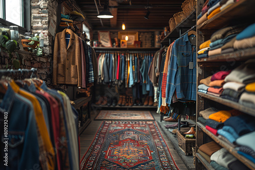 Second hand shopping background, Cozy vintage clothing store interior with diverse selection of fashion items 