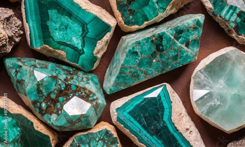 The texture of the Chrysocolla In Malachite crystals in the image is diverse and intricate, characterized by a mix of smooth, polished surfaces and rough, uncut edges. photo