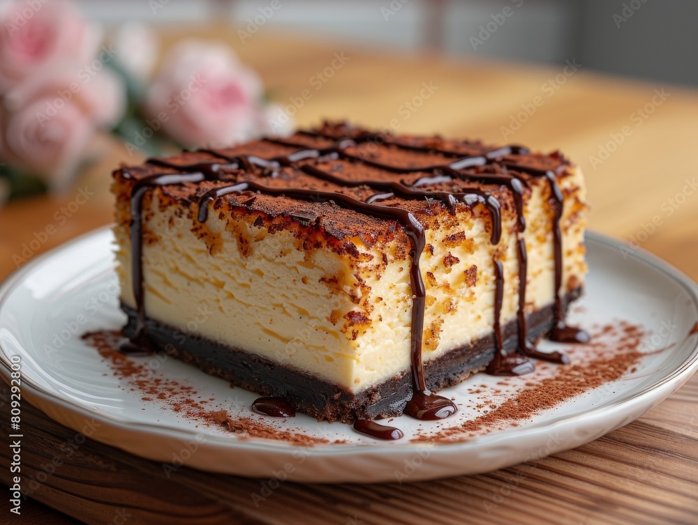 A delicious piece of cheesecake with chocolate. A delicious piece of cheesecake with chocolate.