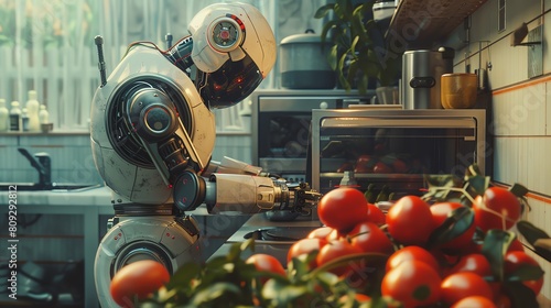 A kitchen with advanced robotic appliances preparing a meal photo