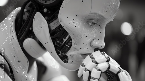 A thought provoking image of a robot with a humanlike face gazing contemplatively photo