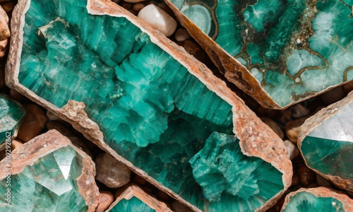 The texture of the Chrysocolla In Malachite crystals in the image is diverse and intricate, characterized by a mix of smooth, polished surfaces and rough, uncut edges. photo