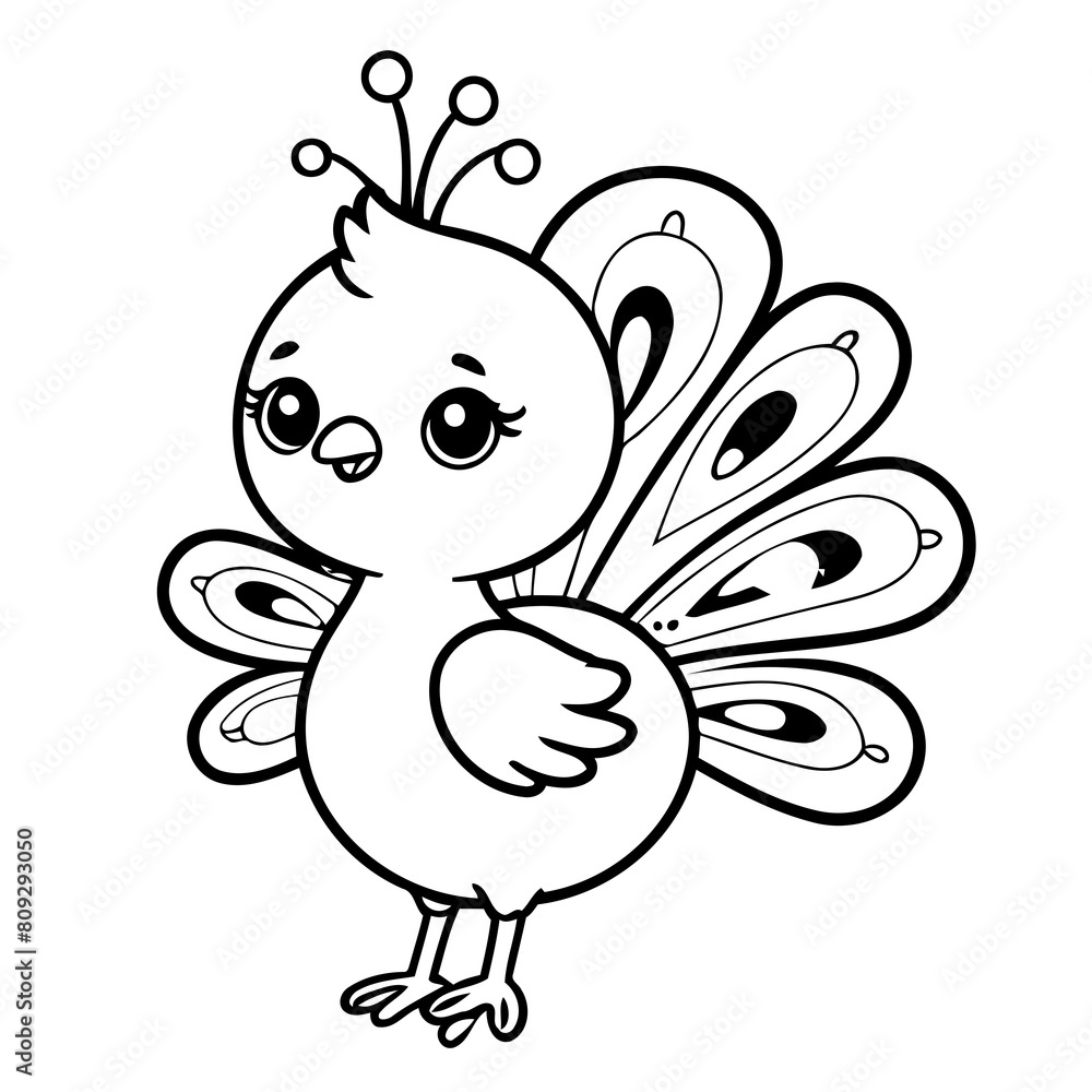 Fototapeta premium Simple vector illustration of peacock drawing for kids colouring activity
