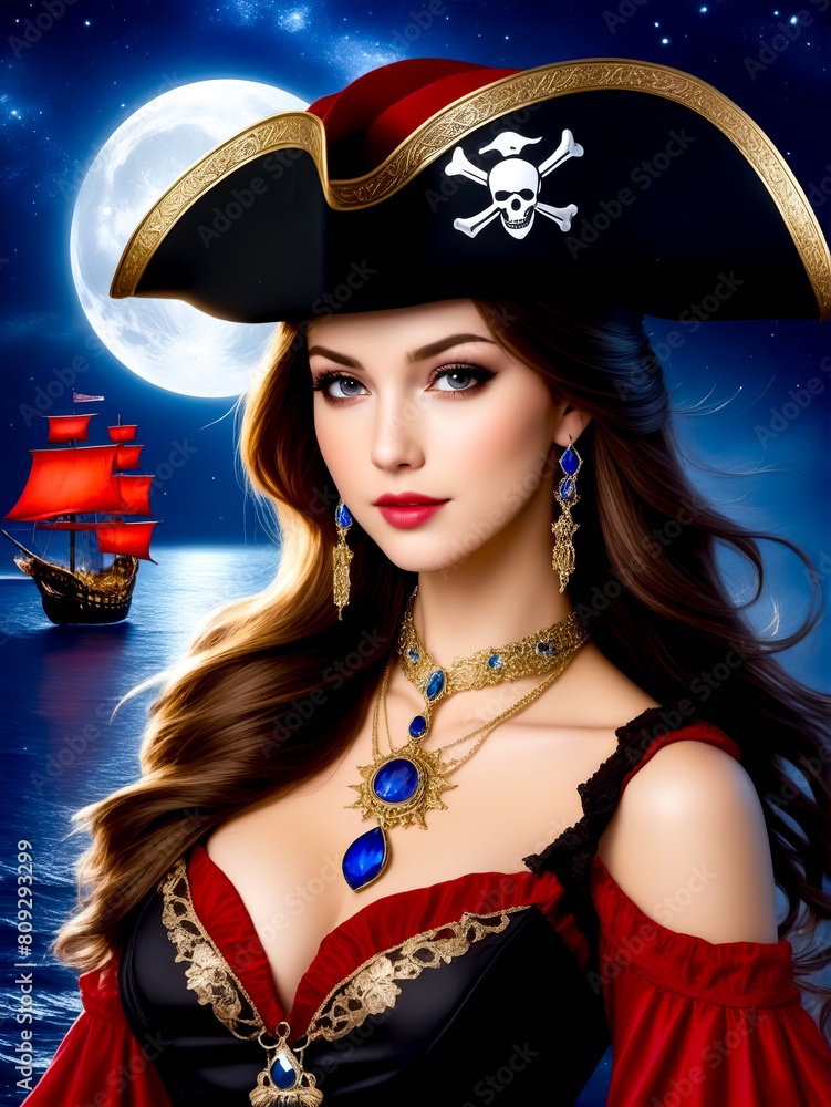 Painting of woman wearing pirate hat with ship in the background. Painting of woman wearing pirate hat with ship in the background.
