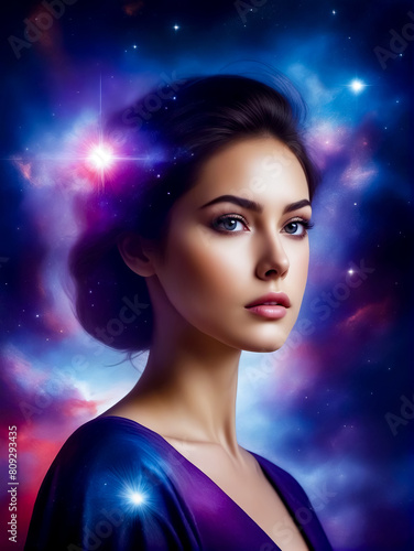 Painting of woman in blue dress with stars in the background.