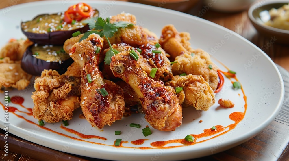 Fried chicken with chili sauce and eggplant on layah. Generative Ai Fried chicken with chili sauce and eggplant on layah. Generative Ai