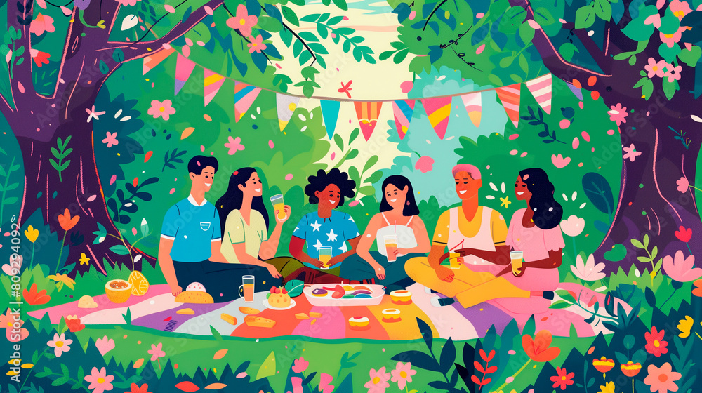 A diverse group of friends diversity gender a picnic, celebrating Pride Day lgbtq