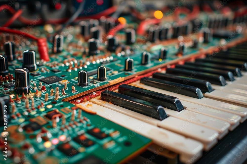 Obraz premium Electronic keyboard internals exposing the plastic base and wiring. AI generated.