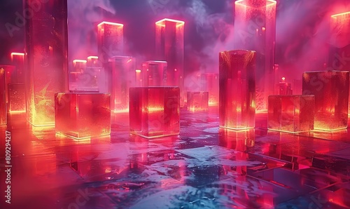 Create a realistic image of a futuristic city made of glass and lit by red neon lights. The city is in the middle of a forest and it's raining.