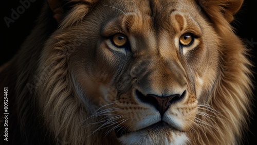 A majestic lion s face fills the frame