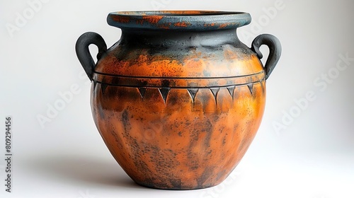 An ancient Greek amphora with a black background and red geometric designs.