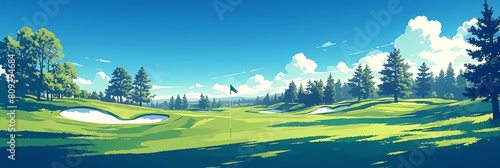 Flat design illustration of a green golf course with a flag and trees on the sides