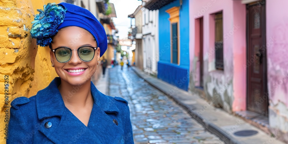photo of fun Gen Z woman wearing royal blue fashion exploring pastel city, lifestyle portrait photo of fun Gen Z woman wearing royal blue fashion exploring pastel city, lifestyle portrait