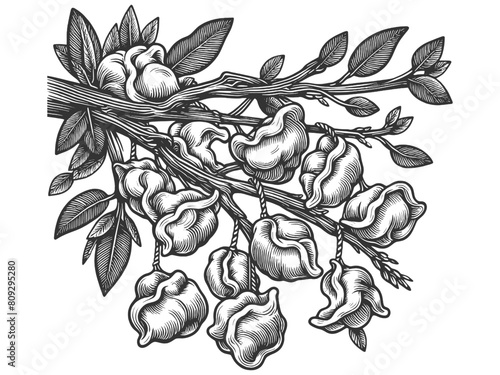 Tree with Khinkali dumplings sketch engraving generative ai fictional character vector illustration. Scratch board imitation. Black and white image.