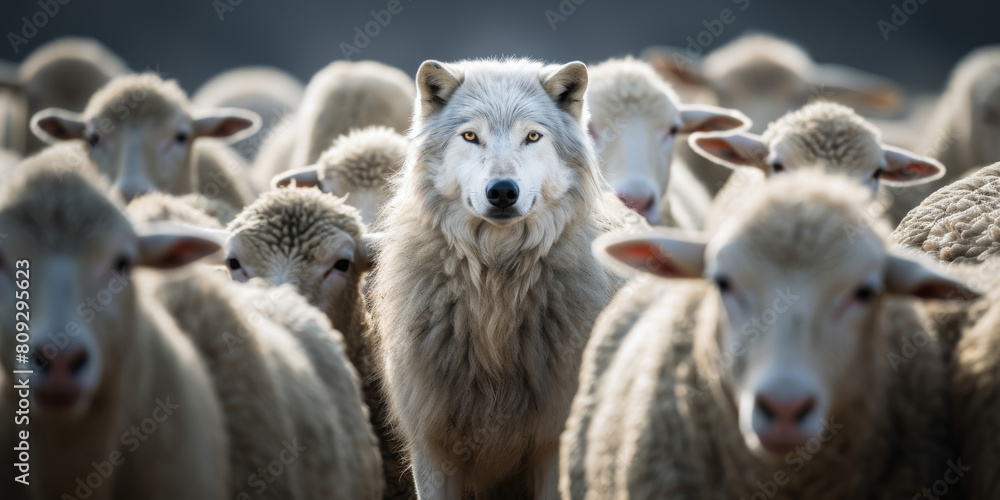 Obraz premium Wolf Stands Out Amongst Crowd Of Sheep On Farm. Lone Wolf Surrounded By Sheep Flock. Generative AI