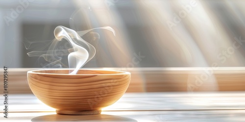 photo of incense cones smoking in incense holder on table on solid background with copy space