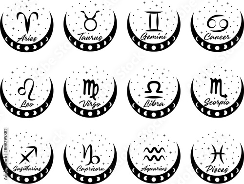 Galactic Zodiac Icons Collection. White Background Mystic Astrology Symbols. Esoteric Horoscope Illustrations. Cosmic Calendar Art with Moon Phases. Constellations Wall Art.