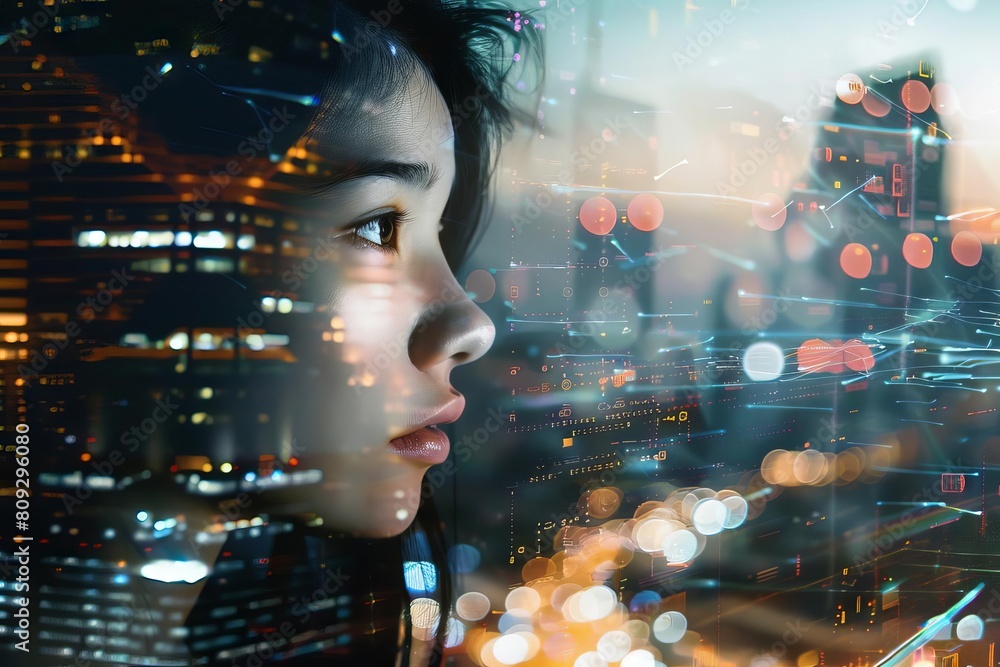 double exposure of pensive woman overlaid with digital cityscape and data stream technology concept double exposure of pensive woman overlaid with digital cityscape and data stream technology concept